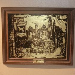 VINTAGE REAR LIQUOR ADVERTISING WHITE HORSE WHISKEY GOLD ETCHED 13.5 X16.5 SIGN 