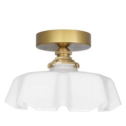 New in box 9.4in Vintage Brass Gold Semi Flush Mount Ceiling Light with Milk White Glass Shade, Farmhouse Antique Ceiling Lighting Fixture for Hallway
