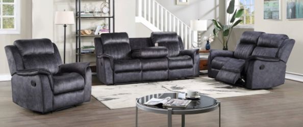 GREY FABRIC 3 PC RECLINING SET. FINANCING AVAILABLE