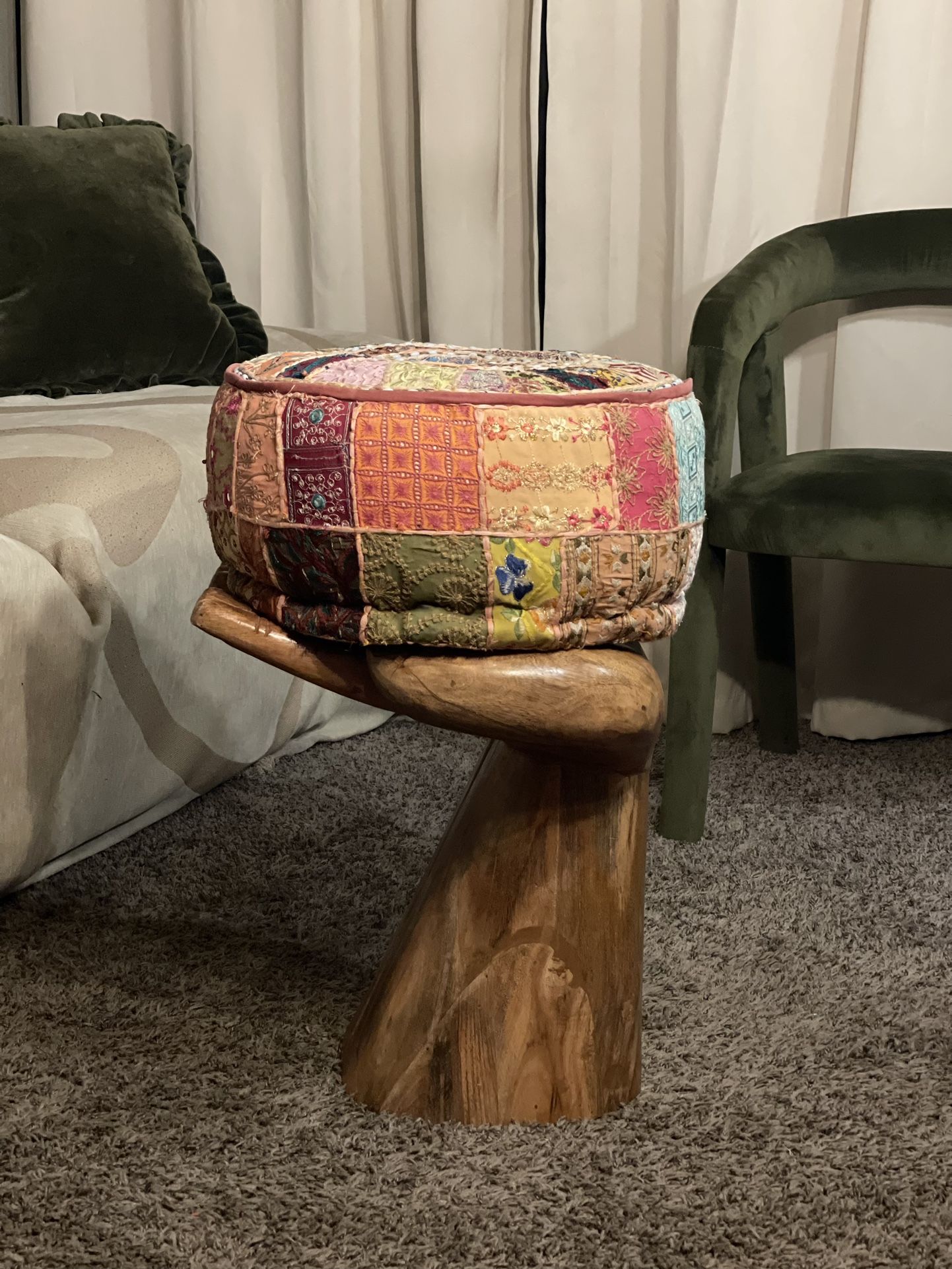 boho pouf, embroidered ottoman, patchwork footstool, eclectic home décor