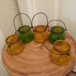 A Set of 5 Pumpkin Shape Hanging Glass Tealight Votive Candle Holders Yellow & Green Color.
