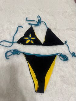 Large blue yellow flower retro bikini festival rave rave swimsuit bathing boho  Only worn to take photos in