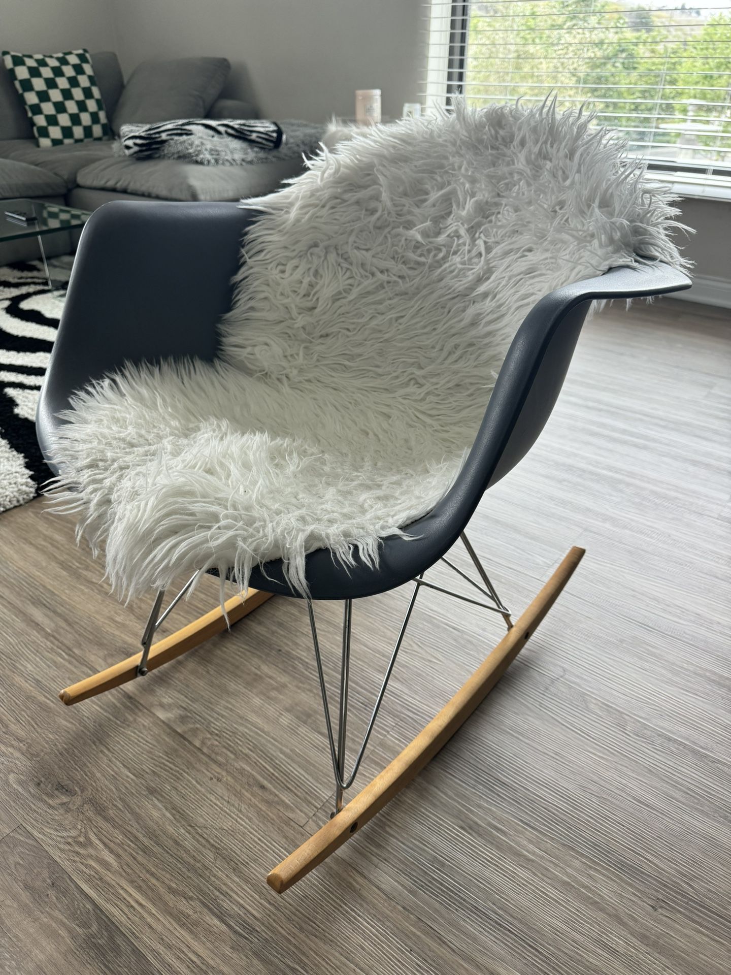 Poly and Bark Rocker Modern Mid-Century Rocking Molded Lounge Chair with Fur Cover Seat Pad