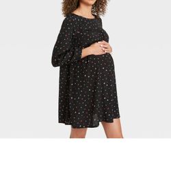 The Nines by Hatch Floral Print Balloon Long Sleeve Crepe Maternity Dress Black L