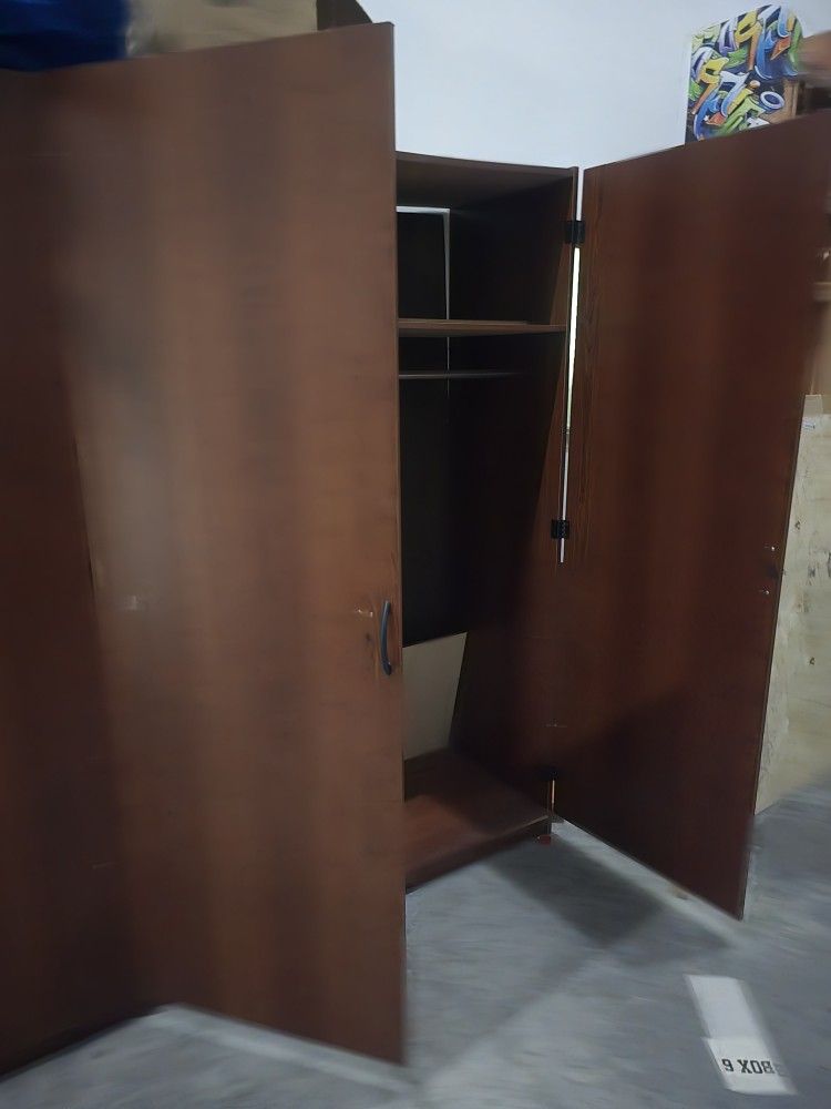 Free 2 Storage Closet Wood With Doors Shelves And Hanger