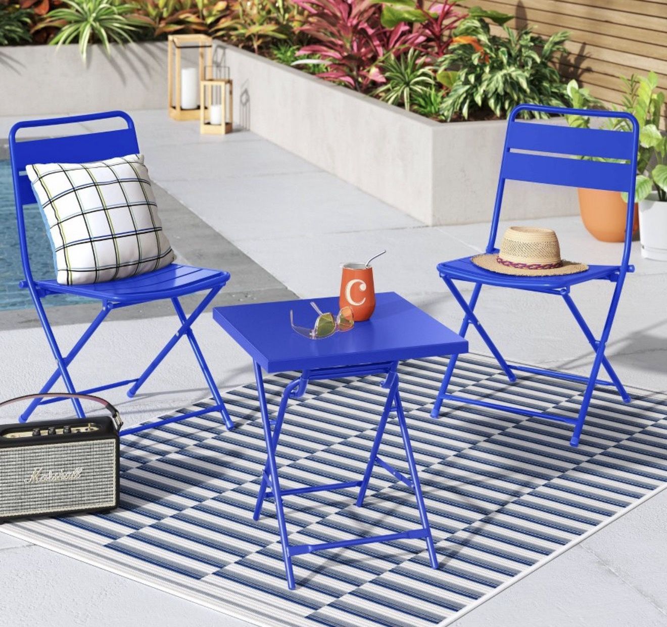 3 PCS Metal Slat Folding Table And Chairs Blue