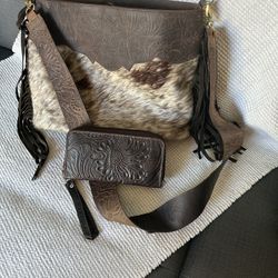 Leather Cowhide Purse With Fringe & Wallet