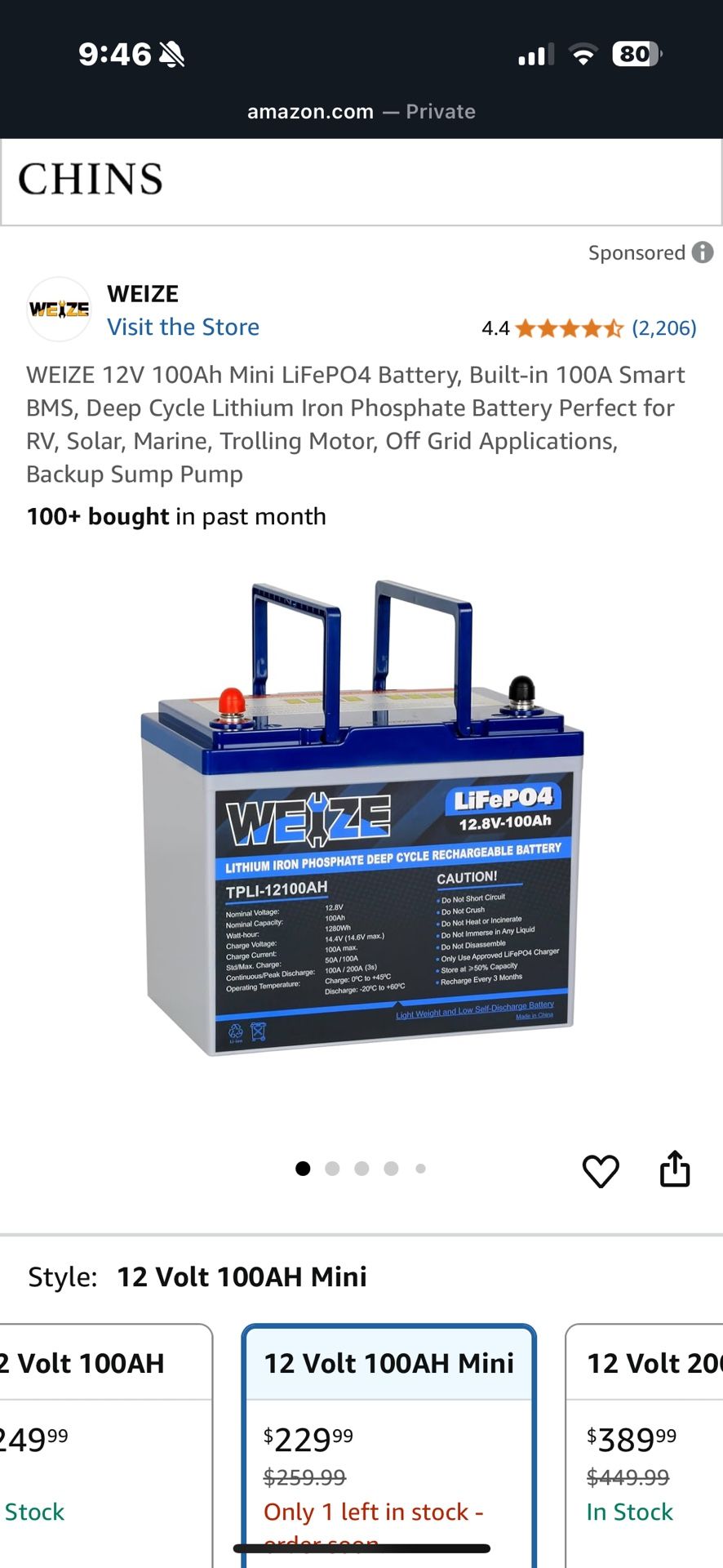 WEIZE 12V 100Ah Mini LiFePO4 Battery, Built-in 100A Smart BMS