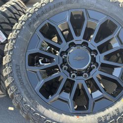 22" Black Wheels 22x9 8x180 Rims and 35” Tires 3500 Chevy 2500 Silverado Chevrolet GMC Sierra Denali HD 2500HD 3500HD AT4 Ultimate