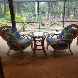 Vintage Rattan Table And Two Chairs