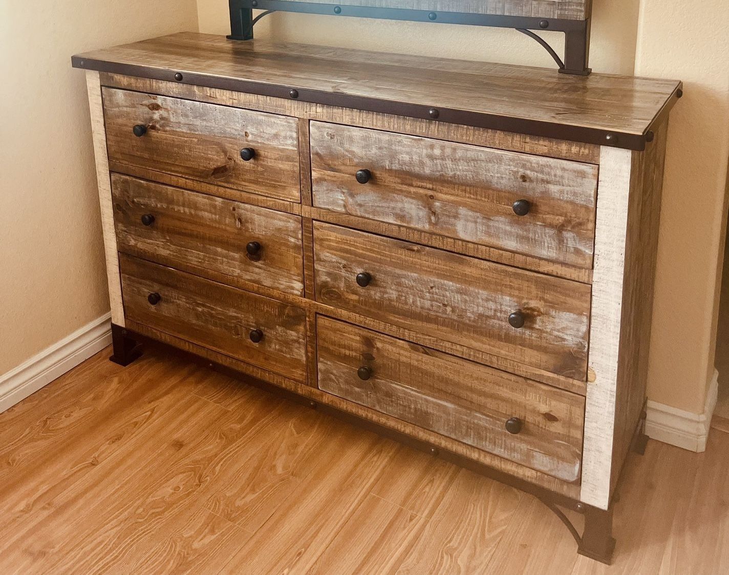 Rustic Farmhouse Dresser – Distressed Solid Wood & Metal Accent Finish