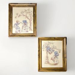 Vintage 1970s Holly Hobbie Framed Prints Pair Rustic Country Nursery Decor Set