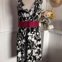 Retro Floral Julian Taylor Dress Black, White and Pink Sash.