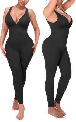 SHAPELLX Tummy Control Workout Jumpsuits for Women One Piece Comfy Yoga Outfits V Neck Sleeveless Bodycon Pants Romper