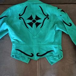 1980 Suede Leather Teal Crop Jacket Coat Size Small