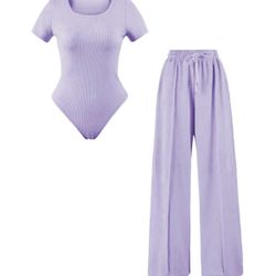 Purple Womens Square Bodysuit & Pants Set Size Medium