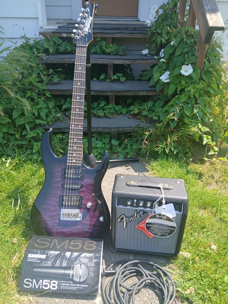 Ibanez Guitar, Fender Amp, Shure SM58 Corded Microphone & Stand