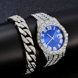 Mens Iced Out Bling Roman Numeral Date Watch