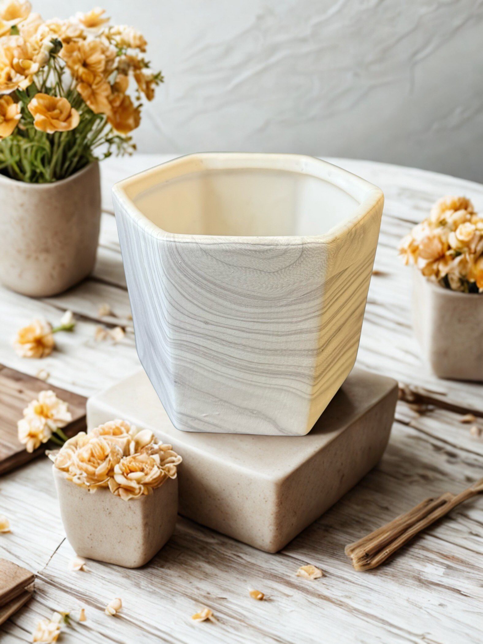 Modern White Hexagon Ceramic Planter 5x6”