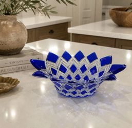 Unmarked Vintage Cobalt Blue Cut Crystal Centerpiece Bowl 12” x 7” Heavy Sawtoot