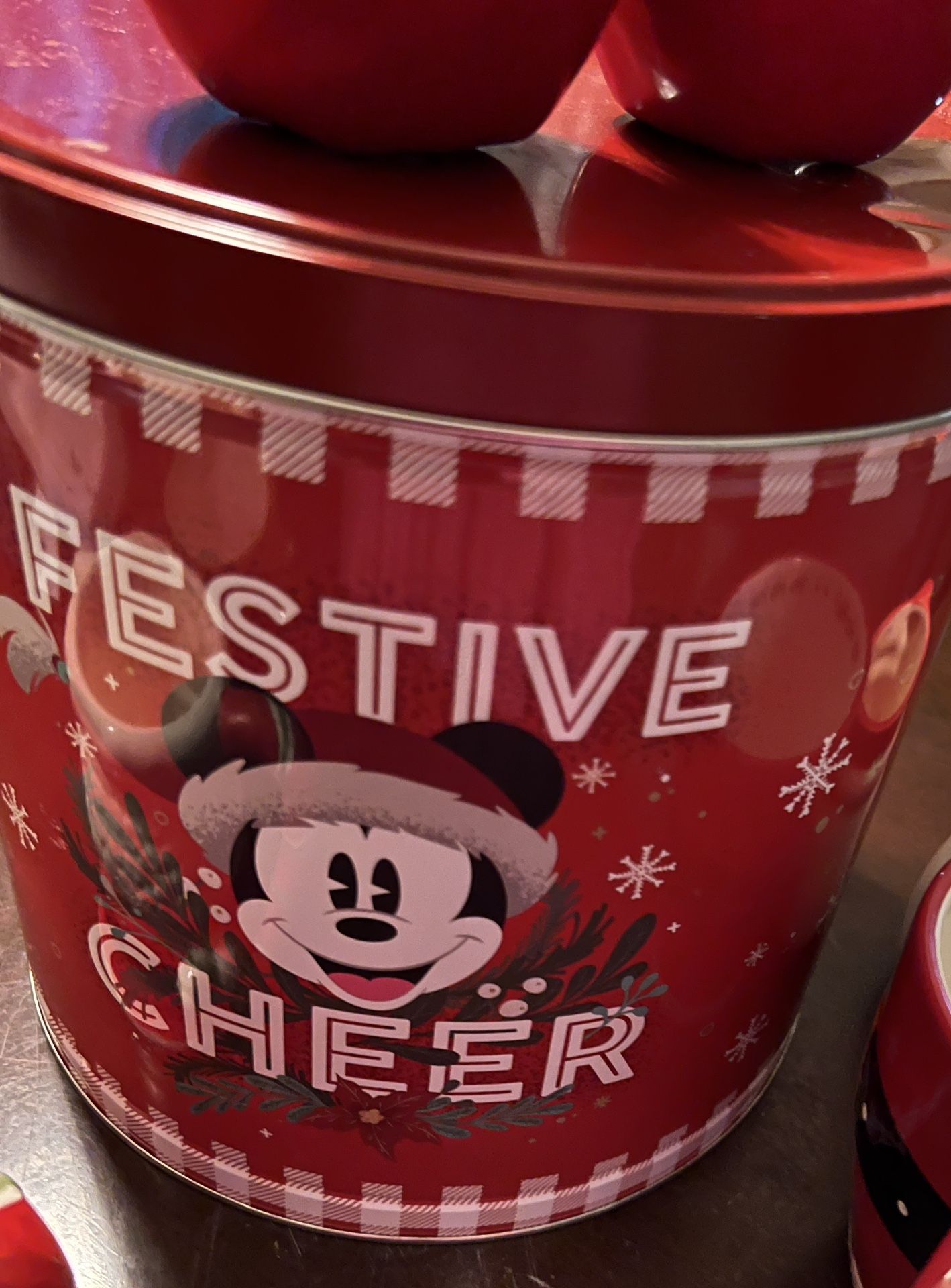 Christmas Cheer Mugs and Empty Canister 