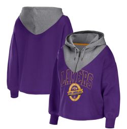 Women's by Erin Andrews Purple Los Angeles Lakers Pieced Quarter-Zip Hoodie (L)