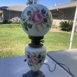 Tall Large Antique Hand Painted Hurricane Lamp 