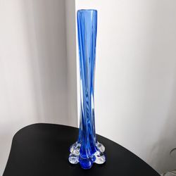 Vintage Cobalt Blue Twisted Ribbed Neck Art Glass Bud Vase Hand blown