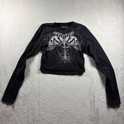 Affliction Charred Martyr Women’s S Black Long Sleeve Crop T-Shirt Goth Emo#7A
