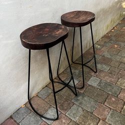 Rustic Chunky Wood Metal Saddle Style Counter Stools Set of 2