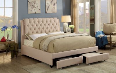 Ivory fabric queen bed with 2 drawers