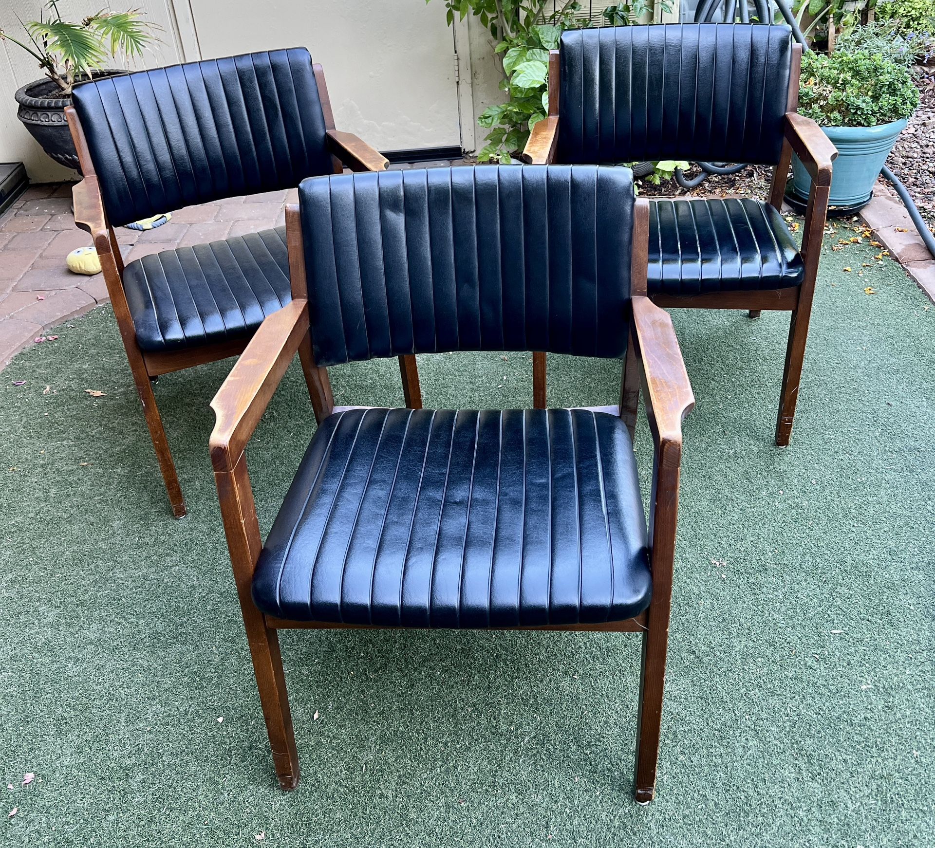 3 Vtg MCM Stout Chair Co Walnut & Black Tufted Office Dining Chairs
