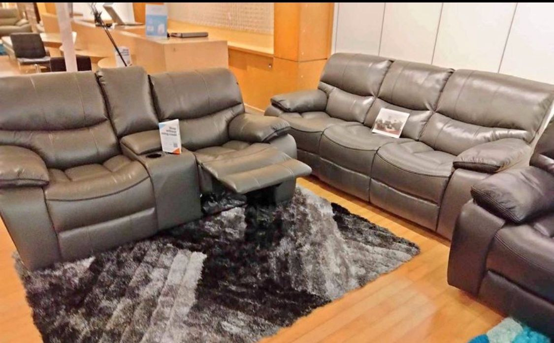Memorial Day sale. Madrid, gray leather reclining sofa and loveseat set $1099. Easy finance option. Same-day delivery.