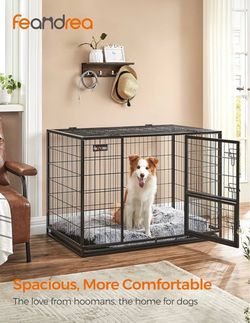 Feandrea 42.1" Heavy-Duty Dog Crate, Convenient Feeding Door, Double Doors Escape-Proof Metal Kennel, XL Dog Cage for Large and Medium Dogs, Removable