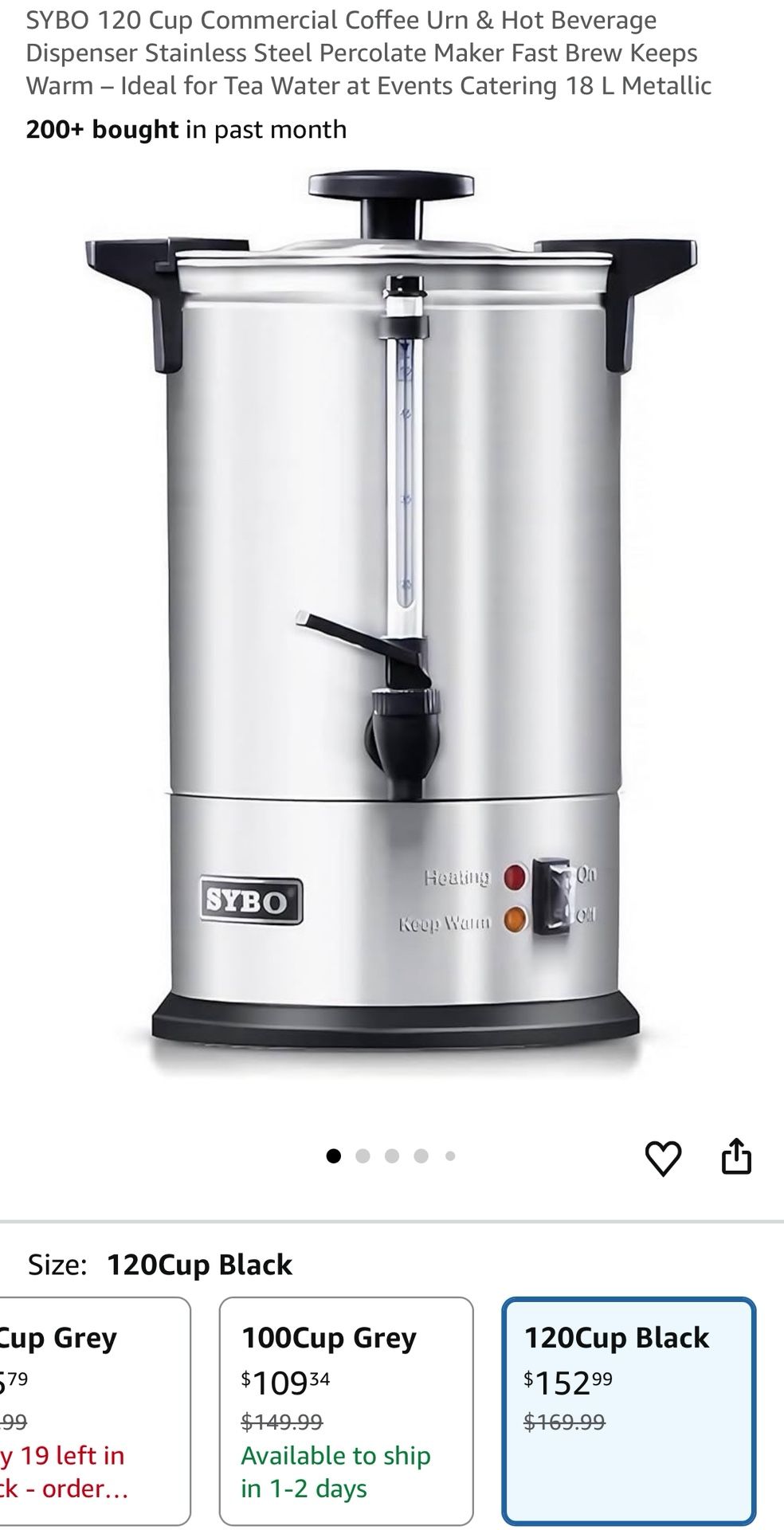 SYBO 120 Cup Commercial Coffee Urn & Hot Beverage Dispenser Stainless Steel Percolate Maker Fast Brew Keeps Warm – Ideal for Tea Water at Events Cater