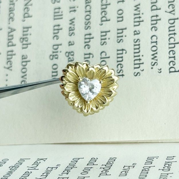 Gold Heart-Shaped Charm Bead with Blooming Petals & Heart Diamond, Romantic Design, Fits Pandora Bracelets