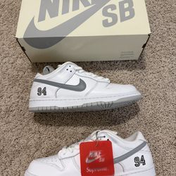 Supreme x Dunk Low SB 'White Metallic Silver’ Size 9.5M/11W