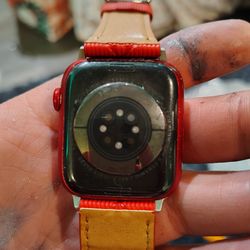 Red and Tan Apple Watch with Leather Band