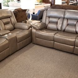 Brand New Gray Gel Leather Manual Reclining Sofa + Loveseat With Center Console