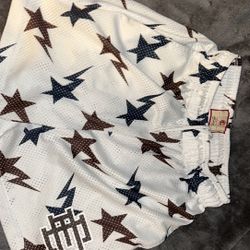 BAPE X ERIC EMANUEL SHORTS CREAME, BROWN AND NAVY 