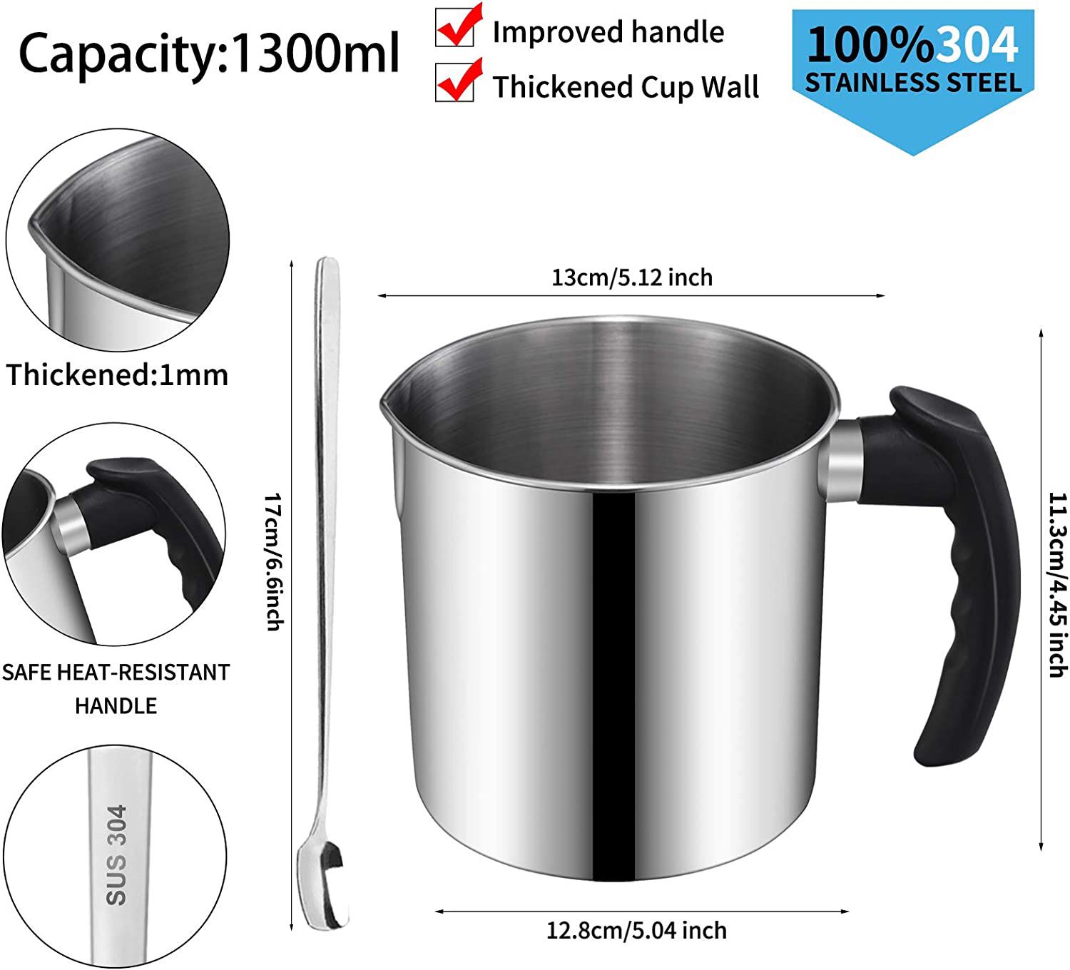 Candle Making Pouring Pot, DINGPAI 44oz Double Boiler Wax Melting Pot, 1pc Spoon, 304 Stainless Steel Candle Making Pitcher, Silver Color with Heat-Re