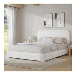 Full Size Bed Frame, White, Cloud Boucle Upholstered Bed Frame with Headboard, 