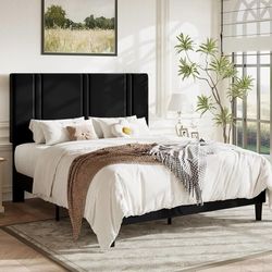 Queen Platform Bed Frame with Adjustable Headboard, Plush Velvet Upholstered, Vertical Channel Tufted, Sturdy Wooden Slats, No Box Spring Needed, Easy