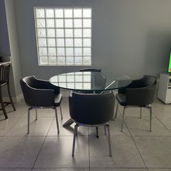 OBO 48” Round Glass Dining Table with 4 Arm Chairs – Excellent Condition
