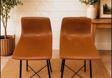 Beautifulw set of 2 authentic Poly & Bark Paxton counter stools in dark tan leather/very durable