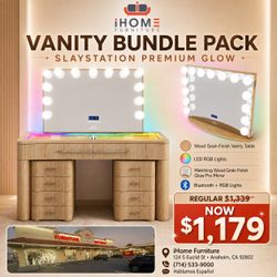 Wooden vanity bundle pack has a wood grain finish table and matching Glow Pro mirror. This set includes integrated LED RGB lights and Bluetooth connec