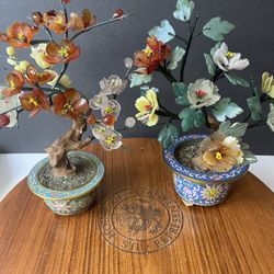 Two Chinese Antique Cloisonné With Jade Bonsai Tree