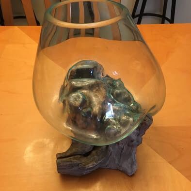 Mountain Studios GLASS BLOWN TERRARIUM or FISH BOWL ON NATURAL TEAK WOOD (TRADE??)Glass bowl Melted Zen Garden Planter