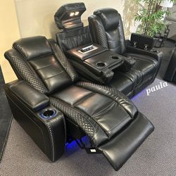 Black Leather Power Reclining Sofa - Ashley Party Time Collection ⭐$39 Down Payment with Financing ⭐ 90 Days same as cash