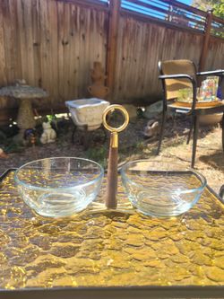 MCM 2 Bowl Condiment Dishes With Wood And Brass Caddy